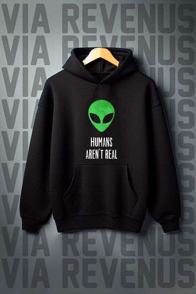 Vordevia Alien Printed Black Kangaroo Pocket 3 Thread Raster Wide Fit Hooded Sweatshirt
