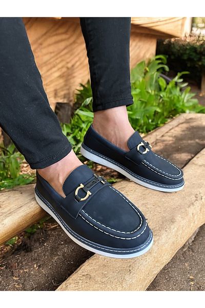 romex Loafer din piele albastru bleumarin - Catarama metalica, cusaturi albe, pantofi casual confortabili