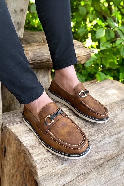 romex Stylish Design Brown Leather Loafer with Metal Buckle - Comfortable Green Insole White Outsole