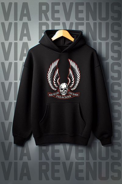 Vordevia Ride to Live - Biker Printed, 3 Thread Kangaroo Pocket, Wide Fit, Black Hooded Sweatshirt