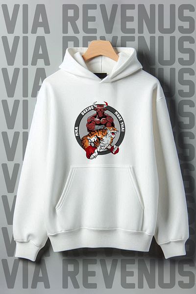 Vordevia Muay Thai Printed - Hooded Wide Fit Sweatshirt, Kangaroo Pocket, 3 Thread Raster