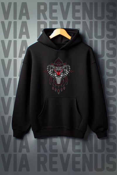 Vordevia Hanorac negru cu glugă, cu 3 fire, imprimat cu șarpe