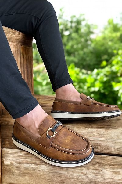 romex Stylish Design Brown Leather Loafer with Metal Buckle - Comfortable Green Insole White Outsole