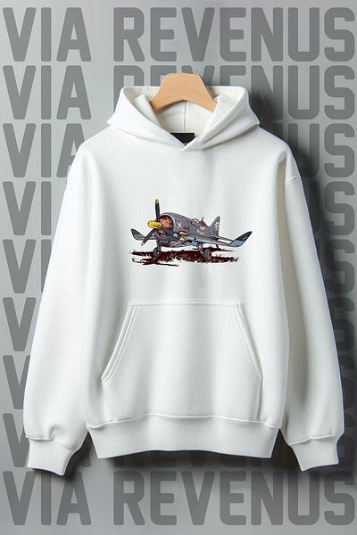 Vordevia White Airplane Printed Kangaroo Pocket Sweatshirt - 3 Thread, Wide Fit, Hooded