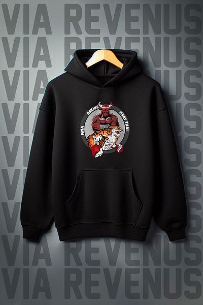 Vordevia Muay Thai Printed - Hooded Wide Fit Sweatshirt, Kangaroo Pocket, 3 Thread Raster