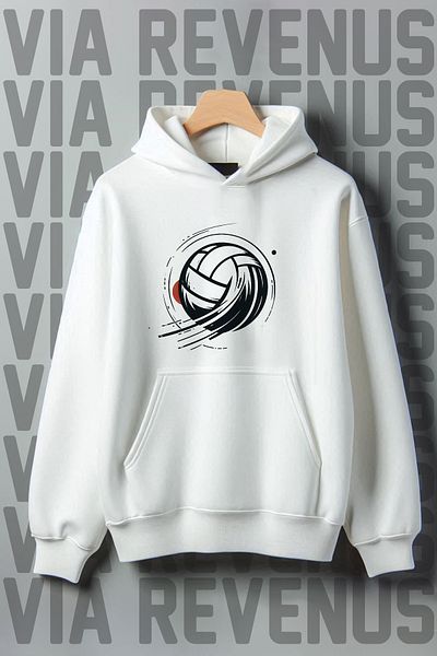 Vordevia White Volleyball Ball Printed - 3 Thread Kangaroo Pocket Hooded Wide Sweatshirt