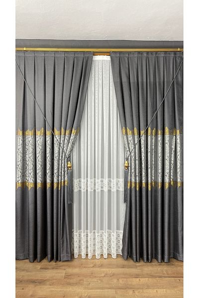 GLOMAR Gray Jacquard Single Wing - 1/3 Close Pleat, Panel Background Curtain, Gold Detailed