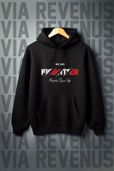 Vordevia We Are Fighters Printed - Black Wide Fit Hooded Sweatshirt, 3 Thread Raster