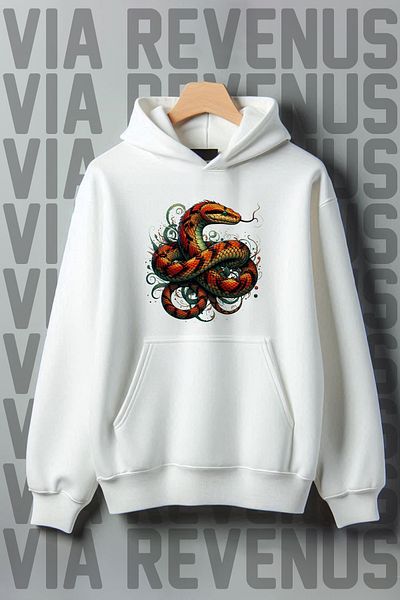 Vordevia White Hooded, Snake Printed Wide Fit Sweatshirt - Kangaroo Pocket, 3 Thread Raster