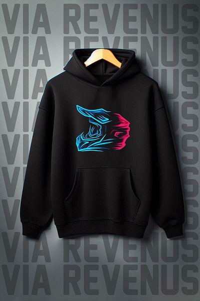 Vordevia Biker Patterned - Kangaroo Pocket Black Hooded Sweatshirt, 3 Thread Raster