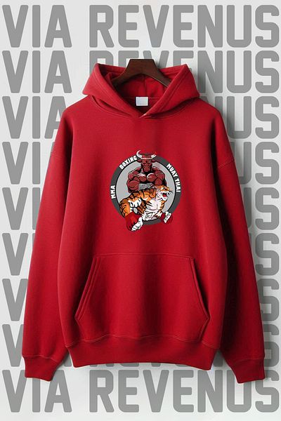 Vordevia Muay Thai Printed - Hooded Wide Fit Sweatshirt, Kangaroo Pocket, 3 Thread Raster