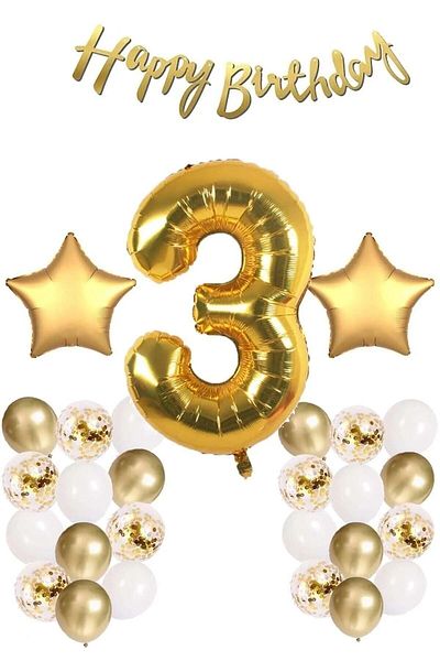 DÜVENCİ TİCARET Gold Concept Age Birthday Set; White Gold Confetti Balloon, Number Star Foil