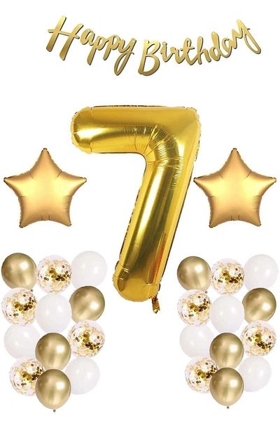 DÜVENCİ TİCARET Gold Concept Age Birthday Set; White Gold Confetti Balloon, Number Star Foil