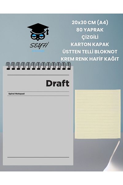 SEYFİKİRTASİYE 20x30 CM (A4) - 80 Sheets Striped Light Paper Cover - Wire Memo Pad, Cream Color