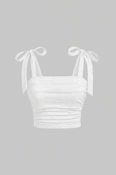 Edela Ecru Crop Blouse - Shoulder Tie, Bow, Thick Strap 5023