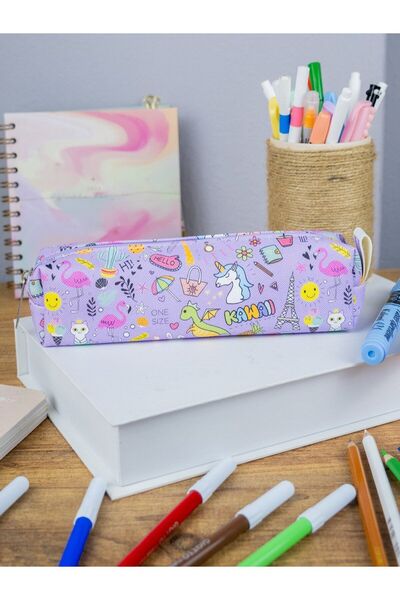 OneSize Husă pentru creion din piele vegană cu model Unicorn-Flamingo Kawaii