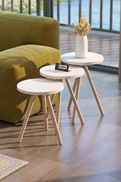 meDDex Linosa Üçlü Zigon Sehpa Ahşap Ayaklı Tasarım Beyaz Desen