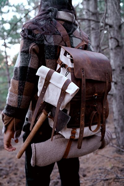 Ancient Leather Craft Hakiki Deri Kanvas Çanta Outdoor Kamp Trekking Dağcılık...