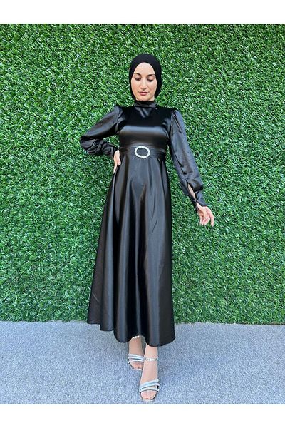 modadeywearst Γυναικείο μαύρο σατέν φόρεμα με ζώνη