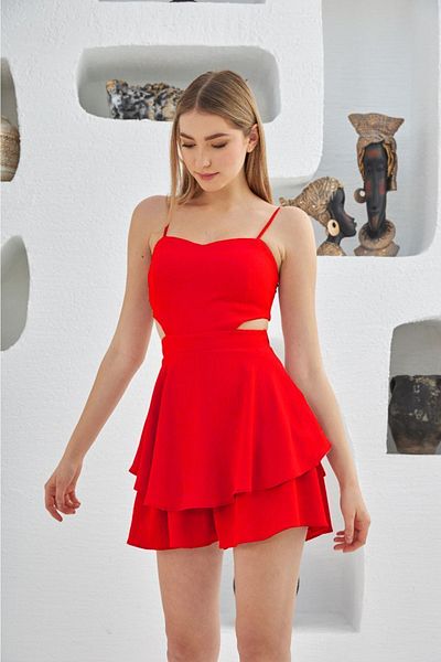 FASHION COCKTAIL Side Window Elastic Back Strap Dress Look Night Shorts Jumpsuit Red