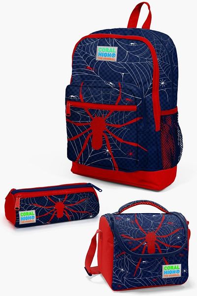 Coral High Kids Navy Blue Red Spider Patterned 3-Piece School Bag Set SET0123720