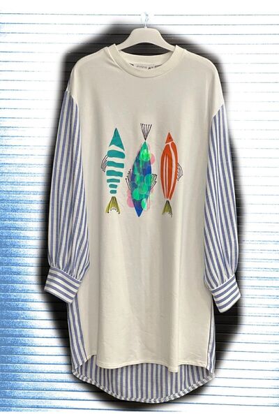 Puane Kadın Bisiklet Yaka Renkli Balık Desenli Kol Ve Arkası Mavi Çizgili Tunik/sweat 10435