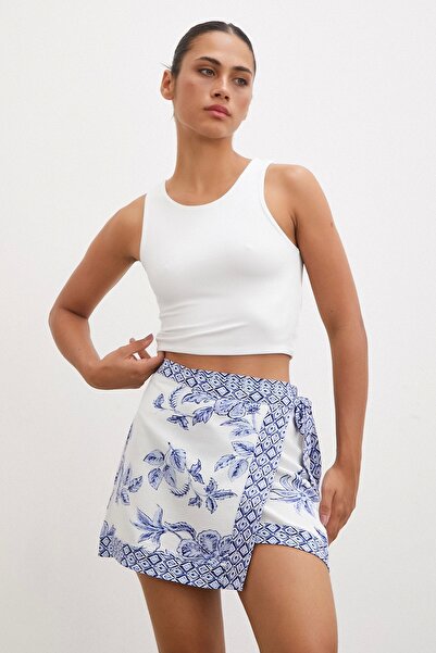 Never more Etnik Desen Mini Etek Mavi