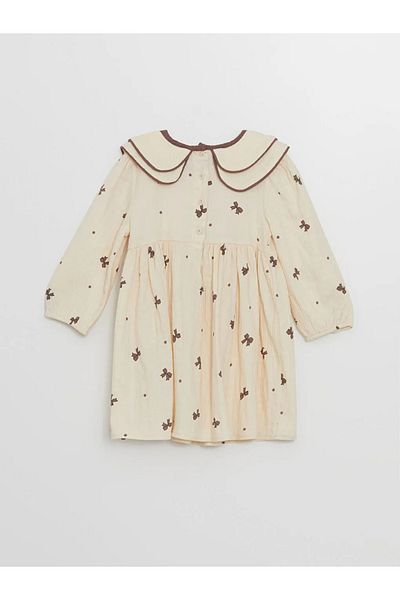 LC Waikiki Long Sleeve Ecru Printed Baby Collar Baby Girl Dress