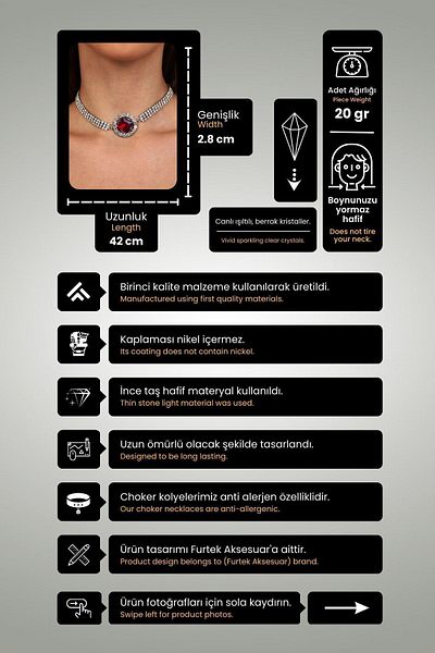Furtek Aksesuar Women's Burgundy Oval Model Zircon Stone Silver Diamond Evening Dress Choker Wedding Engagement Necklace Leash Choker