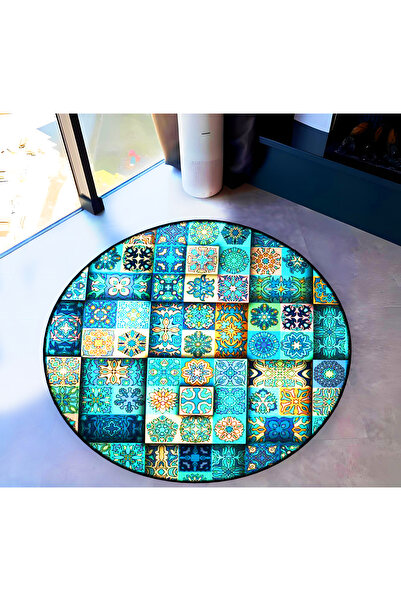 Rugs Modern Halı Mira Round Blue Green Tile Patterned Woven Base Decorative C...