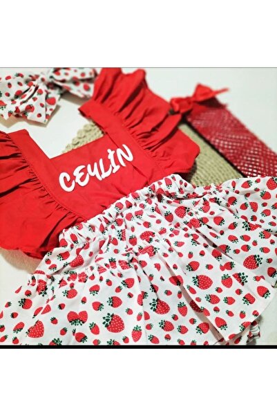 Masal Kız Bebek Kırmızı Çilekli Salopet Slopet Elbise Bandana Çorap Takım