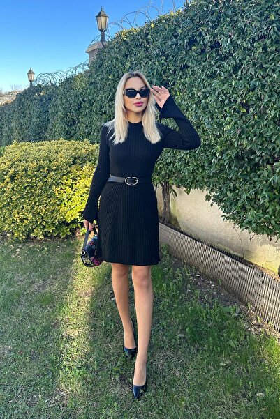 For Angels Black Ribbed Belted Knitwear Dress