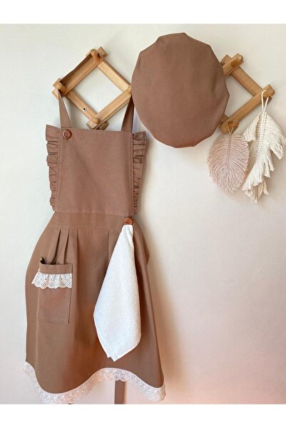 Hayalperest مريلة مطبخ كابتشينو مع قبعة ذات تفاصيل صدفية مكشكشة