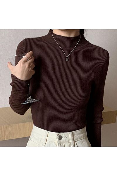Choice Autumn Winter Mock Neck Women Sweater Vintage Basic Solid Knitted Tops Casual Slim Pullover Korea...