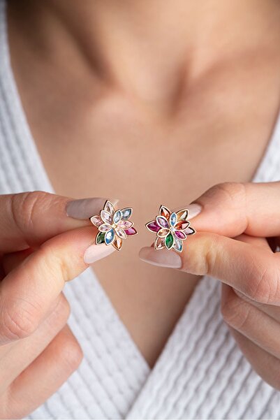 Silvano Jewelry 925 Ayar Gümüş Renkli Taşlı Lotus Küpe