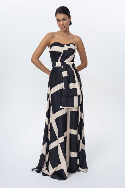 Sarı Etiket Long Patterned Evening Dress