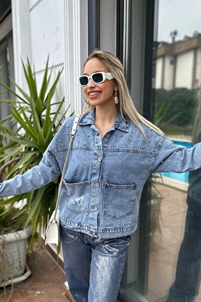 For Angels Blue Pearl Back Buttoned Denim Jacket