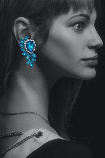 Furtek Aksesuar Kadın Mavi Melek Kanadı Modeli Zirkon Taşlı Abiye Elbise Düğün Nişan Parti Söz Kına Balo Küpe