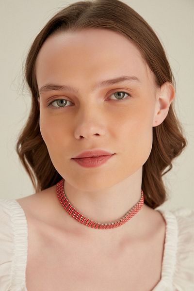 Furtek Aksesuar Women's Red Pastel Crystal Zircon Stone 4 Row Model Collar Silver Choker Evening Dress Necklace Prom Choker