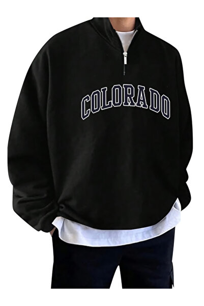 ALİKA سويت شيرت أسود كبير الحجم مطبوع من كولورادو للجنسين - رقبة عالية وسحاب