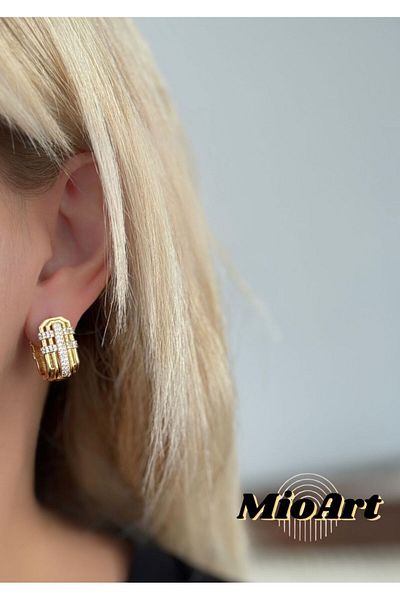 MioArt Baguette Patterned Triangle Jewelled Steel Serenay - Sarıkaya Combination Earrings