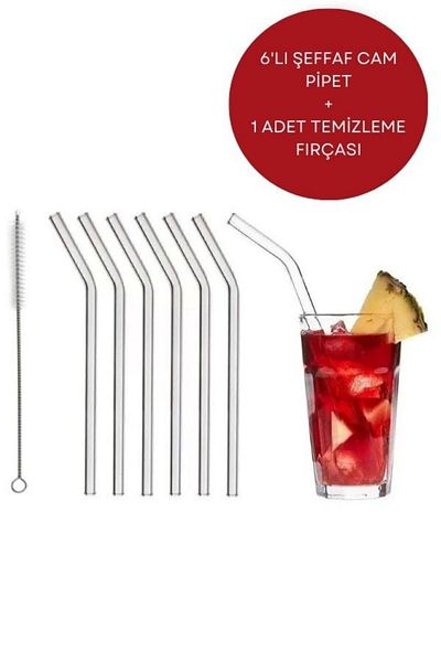 HİROS'H 6-Piece Glass Straw Thermosilicate and 1 Straw Cleaning Brush (1ST QUALITY HEAT RESISTANT)