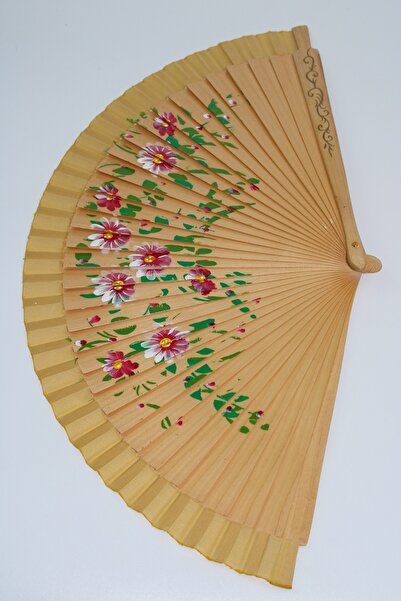 Ayenci Sarı Renkli Çiçek Desenli Serinletici Ahşap Yelpaze