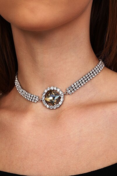 Furtek Aksesuar Kadın Gold Oval Model Zirkon Taşlı Gümüş Pırlanta Gerdanlık Kolye Tasma Abiye Düğün Nişan Choker