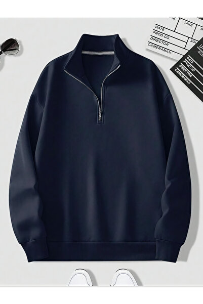 ALİKA Hanorac oversize unisex cu guler cu fermoar, albastru bleumarin