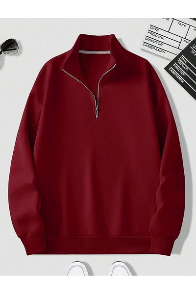 ALİKA Unisex Stand Collar Zippered Oversize Sweatshirt Red