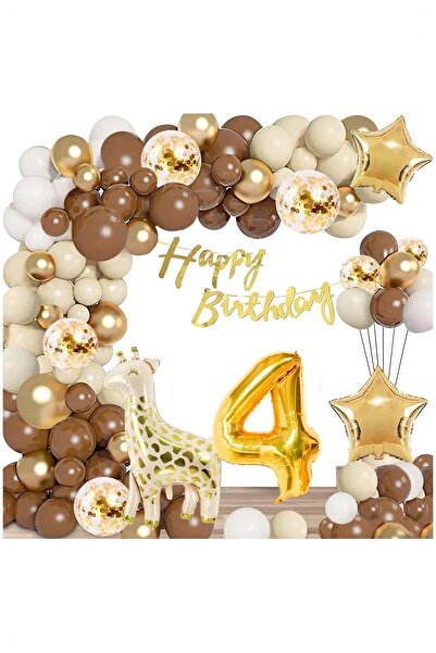 Genel Markalar Zürafa Folyo Balonlu 4 Yaş Folyolu Retro Renkler Doğum Günü Parti Seti Süsü