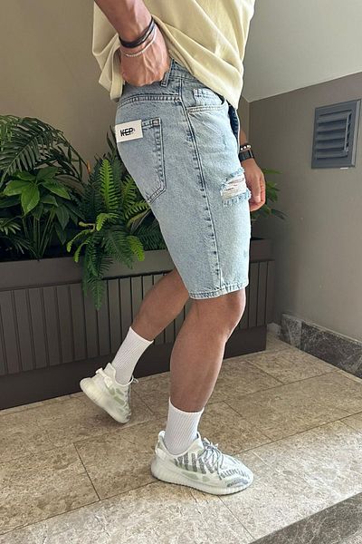 MADZEYMODA Pantaloni scurți pentru bărbați, albastru gheață, blugi rupti