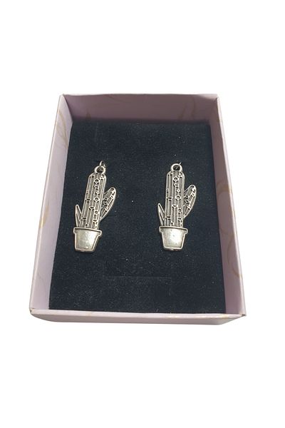 Ororabutik Silver Color 35mm Cactus Figured Necklace and Earring Set