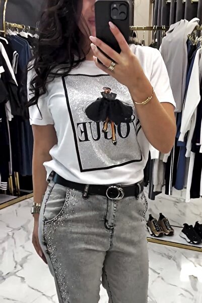 RICH GLAM Women's Crystal Stone Short Sleeve with Plus Size Skirt Stylish Comfortable Cotton White Women's T-Shirt T-Shirt